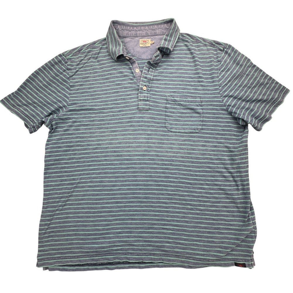 Faherty Polo Shirt Men's XL Blue Striped Short Sleeve Pocket Golf Performance